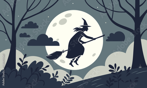 Eerie Witch Flying on Broom Under Full Moon - Spooky 2025 Halloween Forest Scene Decor Ideas