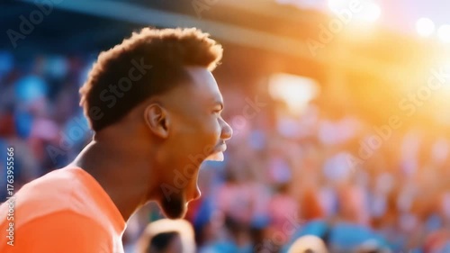 Young Black man with a beard looks up standing in front of a blurry crowd bathed in sunlight the lighting is warm and golden creating an optimistic and hopeful atmosphere