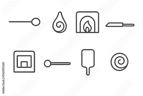 Glassblowing Tools Icons. Line style icons of Glassblowing: Blowpipe, Molten Glass, Furnace, Marver, Annealing Oven, Pontil,