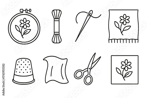 Embroidery Tools Icons. Line style icons of Embroidery: Hoop, Floss, Needle, Sampler, Thimble, Fabric, Embroidery Scissors,