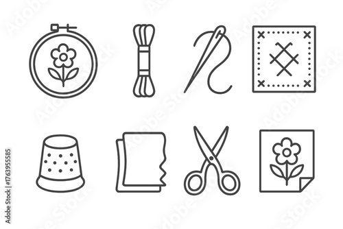 Embroidery Tools Icons. Line style icons of Embroidery: Hoop, Floss, Needle, Sampler, Thimble, Fabric, Embroidery Scissors,