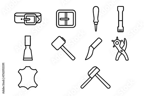 Leatherworking Tools Icons. Line style icons of Leatherworking: Leather Strap, Buckle, Awl, Stamping Tool, Cutting Knife, Mallet,