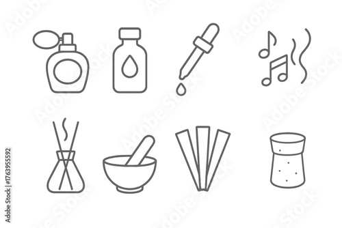 Perfumery Tools Icons. Line style icons of Perfumery: Scent Bottle, Essential Oil, Pipette, Notes of Fragrance, Diffuser, Mixing