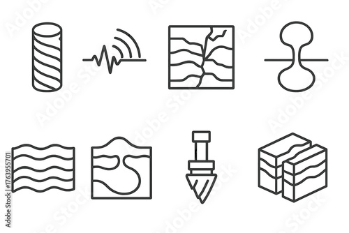 Deep Earth Icons. Line style icons of Deep Earth: Core Sample, Seismic Wave, Mineral Vein, Mantle Plume, Rock Strata, Magma