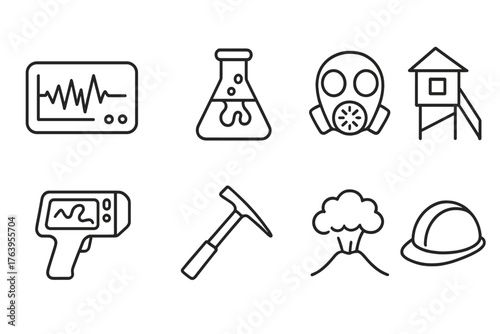 Volcanic Monitoring Icons. Line style icons of Volcanic Monitoring: Seismograph, Lava Sample, Gas Mask, Observation Post, Thermal