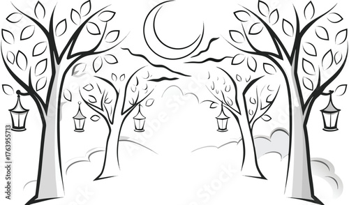 Enchanted Moonlit Forest Path with Lanterns and Leaves - Serene 2025 Autumn Landscape Decor Ideas