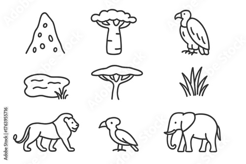 Savanna Line Art Icons. Line style icons of Savanna: Termite Mound, Baobab Tree, Vulture, Watering Hole, Acacia Tree, Grass Tuft,
