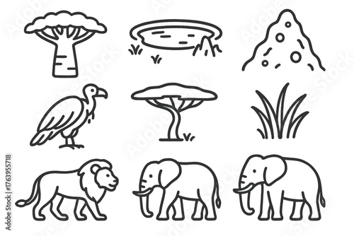 Savanna Icon Line Art. Line style icons of Savanna: Baobab Tree, Watering Hole, Termite Mound, Vulture, Acacia Tree, Grass Tuft,