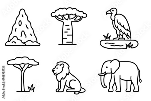Savanna Line Art Icons. Line style icons of Savanna: Termite Mound, Baobab Tree, Vulture, Watering Hole, Acacia Tree, Grass Tuft,
