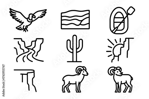 Canyon Icon Collection. Line style icons of Canyon: Condor, Layer of Rock, Raft, River, Cactus, Sunbeam, Cliff Edge, Bighorn Sheep