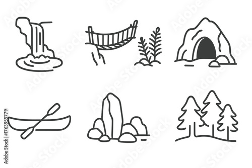 Hidden Fjord Icons. Line style icons of Hidden Fjord: Waterfall Pool, Rope Bridge, Ferns, Cave Entrance, Canoe, Rock Formation,