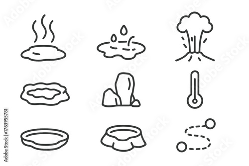 Geyser Line Icons. Line style icons of Geyser: Steam, Hot Water, Mineral Deposit, Eruption, Basin, Rock Formation, Thermometer,