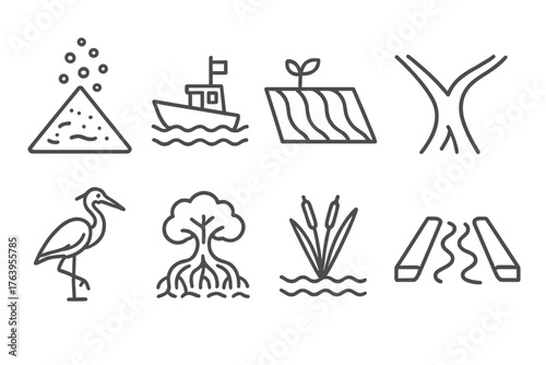 Delta Icon Illustrations. Line style icons of Delta: Sediment, Fishing Boat, Fertile Land, Distributary, Heron, Mangrove, Reed,