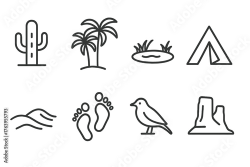 Desert Oasis Icons. Line style icons of Hidden Desert Oasis: Cactus, Palm Cluster, Spring, Tent, Sand, Footprints, Bird, Rock