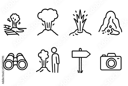Geyser Tour Icons. Line style icons of Tourist Geyser: Boardwalk, Steam, Hot Water, Mineral Stain, Binoculars, Visitor, Signpost,