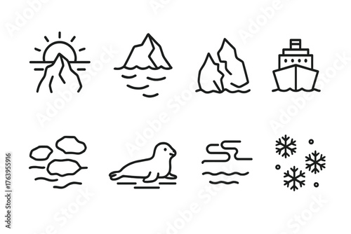 Sunset Iceberg Icons. Line style icons of Sunset Iceberg: Golden Reflection, Iceberg Tip, Calving, Ship, Floating Ice, Seal, Cold