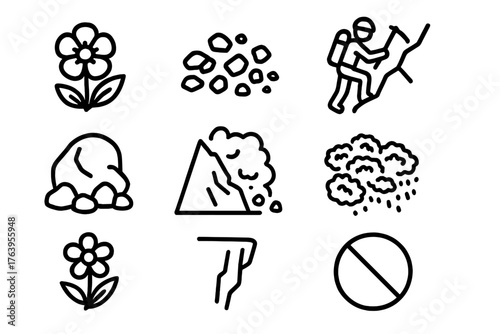 Mountain Flora Icons. Line style icons of Flowering Scree: Hardy Plant, Loose Rock, Mountain Climber, Boulder, Avalanche Risk,