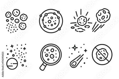 Asteroid Belt Icons. Line style icons of Asteroid Belt: Asteroid Cluster, Orbit Path, Impacted Surface, Space Dust, Telescope Lens