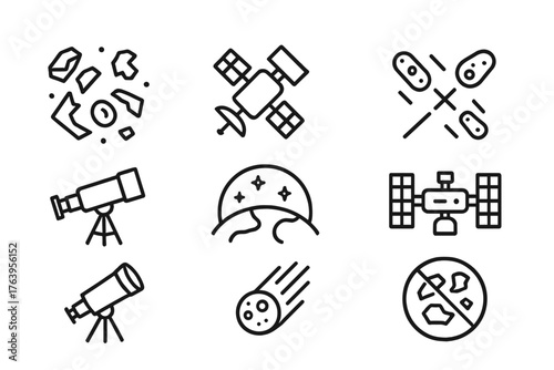 Space Debris Icons. Line style icons of Space Junk: Debris, Satellite, Orbit, Collision Risk, Telescope, Earth Horizon, Space