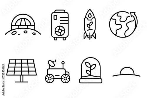 Terraforming Line Icons. Line style icons of Terraforming: Planetary Habitat, Air Processor Unit, Seed Ship, Terraforming World,