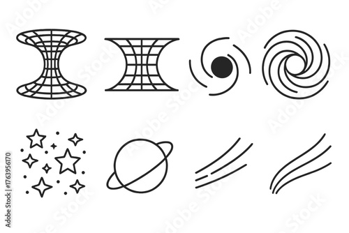 Wormhole Line Icons. Line style icons of Wormhole: Tunnel of Space, Spacetime Bend, Shortcut Route, Event Horizon Line, Vortex