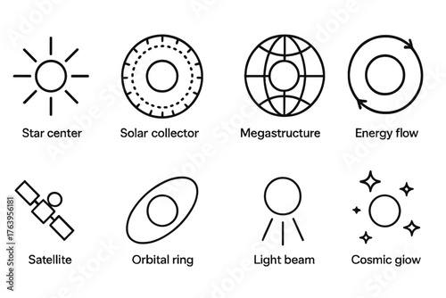Dyson Sphere Icons. Line style icons of Dyson Sphere: Star Center, Solar Collector, Megastructure Framework, Energy Flow,