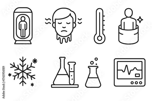 Cryonics Icon Set. Line style icons of Cryonics: Preservation Pod, Freezing, Future Revival, Hope, Thermometer, Frost, Laboratory,