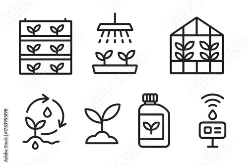 Vertical Farming Icons. Line style icons of Vertical Farm: Stacked Hydroponics, Grow Light, Tray System, Urban Greenhouse, Water
