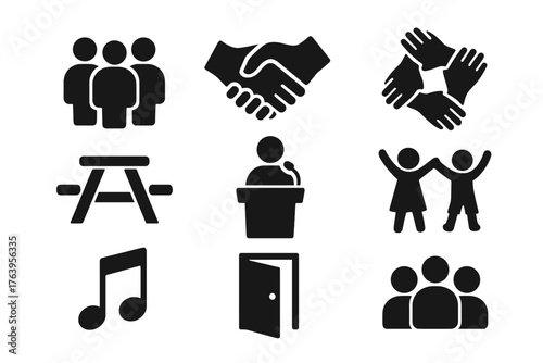Community Gathering Icons. Solid style icons of community gathering: people group, handshake, circle of hands, picnic table,