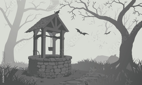 Mysterious Haunted Well with Bats and Bare Trees - Spooky 2025 Halloween Landscape Decor Inspiration