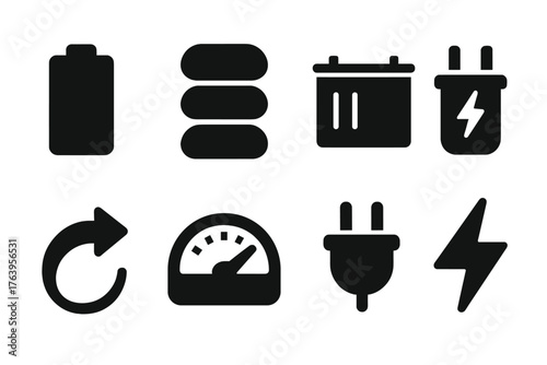 Energy Storage Icons. Solid style icons of energy storage: battery, stacked cells, container, capacitor, charging arrow, gauge,