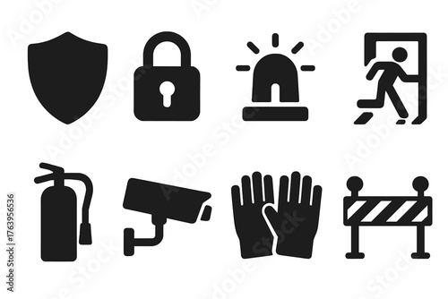 Safety System Icons. Solid style icons of safety systems: shield, lock, alarm, emergency exit, fire extinguisher, camera, gloves,