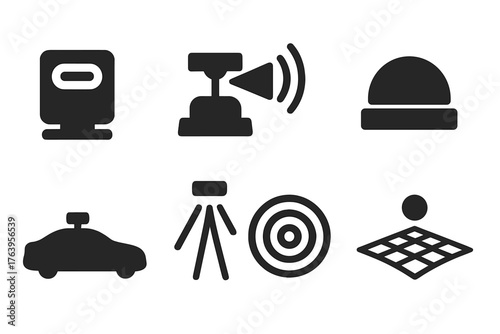 Lidar Systems Icons. Solid style icons of lidar systems: lidar scanner, rotating beam, radar waves, sensor dome, car roof, light