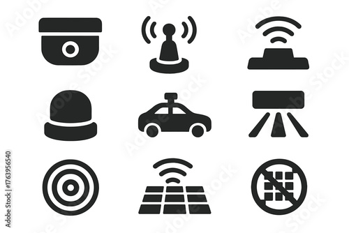 Lidar Systems Icons. Solid style icons of lidar systems: lidar scanner, rotating beam, radar waves, sensor dome, car roof, light