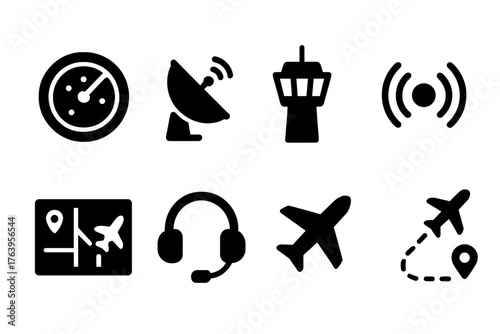 Air Traffic Icons. Solid style icons of air traffic management: radar, satellite dish, control tower, radio waves, map screen,