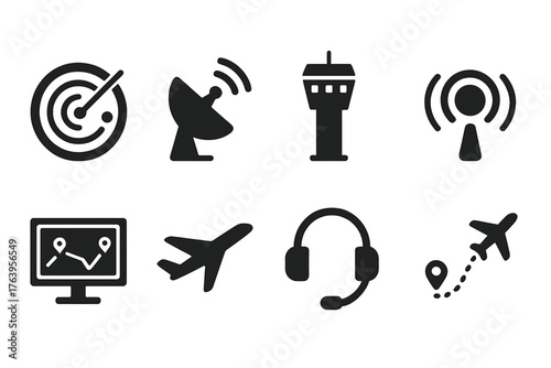 Air Traffic Icons. Solid style icons of air traffic management: radar, satellite dish, control tower, radio waves, map screen,