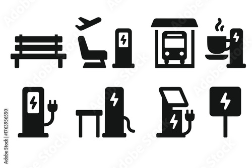 Public Charging Icons. Solid style icons of public charging stations: bench, airport lounge, bus stop, coffee shop, charging dock,