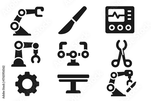 Surgical Robotic Icons. Solid style icons of surgical arms: robotic arm, scalpel tip, control panel, jointed mechanism, clamp,