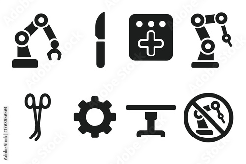 Surgical Robotic Icons. Solid style icons of surgical arms: robotic arm, scalpel tip, control panel, jointed mechanism, clamp,