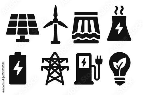 Renewable Energy Icons. Solid style icons of Renewable Energy: solar panel, wind turbine, hydro dam, geothermal station, battery