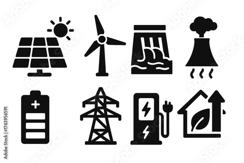 Renewable Energy Icons. Solid style icons of Renewable Energy: solar panel, wind turbine, hydro dam, geothermal station, battery