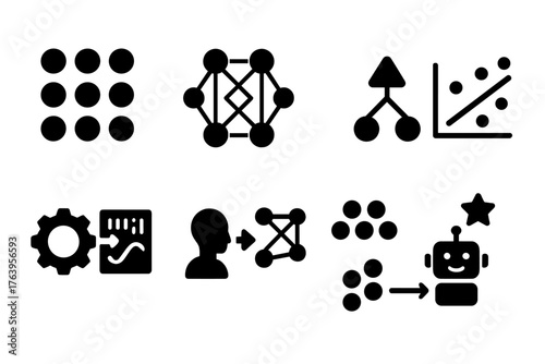 Machine Learning Icons. Solid style icons of Machine Learning: training data, neural network, decision tree, regression line,