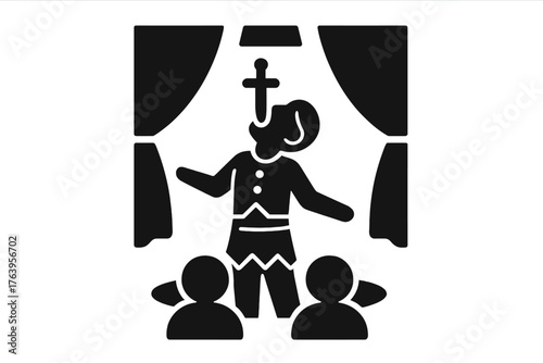 Sword Swallowing Icon. Solid style icons of Sword Swallowing: polished blade, performer’s posture, throat focus, audience gaze,