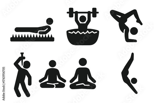 Icons of Human Endurance. Solid style icons of Human Endurance: bed of nails, ice bath, weightlifting, extreme yoga, sword
