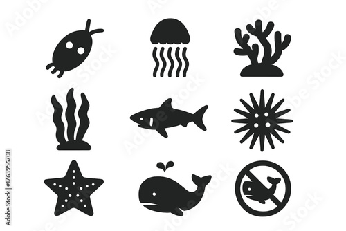 Ocean Ecology Icons. Solid style icons of Ocean Ecology: plankton, jellyfish, coral polyp, kelp forest, reef shark, sea urchin,