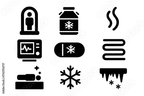 Cryogenic Preservation Icons. Solid style icons of Cryogenic Preservation: cryo-chamber, liquid nitrogen, vapor, medical monitor,