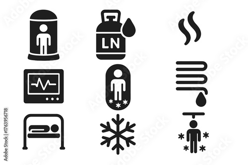 Cryogenic Preservation Icons. Solid style icons of Cryogenic Preservation: cryo-chamber, liquid nitrogen, vapor, medical monitor,