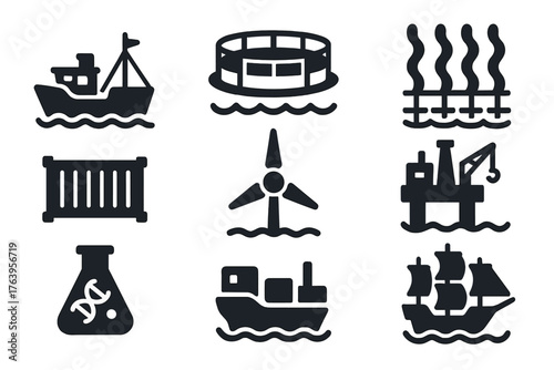 Blue Economy Icons. Solid style icons of Blue Economy: fishing boat, aquaculture cage, seaweed farm, tidal turbine, shipping
