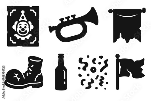 Carnival Relics Icons. Solid style icons of Carnival Relics: old poster, rusty trumpet, faded banner, cracked drum, weathered
