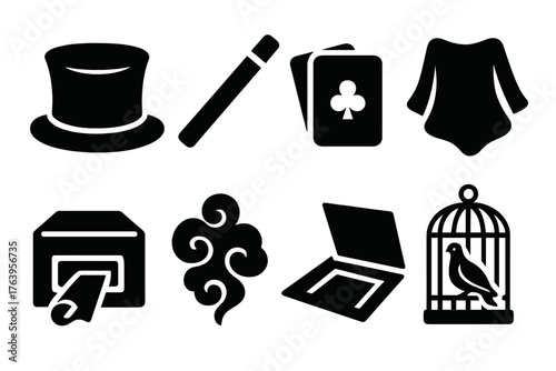 Illusionist Tools Icons. Solid style icons of Illusionist Tools: top hat, magic wand, deck of cards, silk cloth, hidden